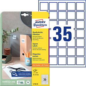 Avery (L7120-25) Etiqueta cubriente permanente, 35 x 35 mm, caja de 875 unidades, cantos redondeados, blanco Avery (L7120-25) Etiqueta cubriente permanente, 35 x 35 mm, caja de 875 unidades, cantos redondeados, blanco