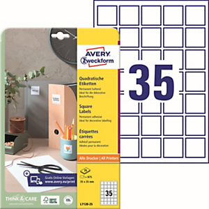 Avery (L7120-25) Etiqueta cubriente permanente, 35 x 35 mm, caja de 875 unidades, cantos redondeados, blanco Avery (L7120-25) Etiqueta cubriente permanente, 35 x 35 mm, caja de 875 unidades, cantos redondeados, blanco