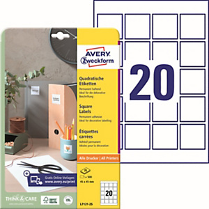 Avery (L7121-25) Etiqueta cubriente permanente, 45 x 45 mm, caja de 500 unidades, cantos redondeados, blanco Avery (L7121-25) Etiqueta cubriente permanente, 45 x 45 mm, caja de 500 unidades, cantos redondeados, blanco