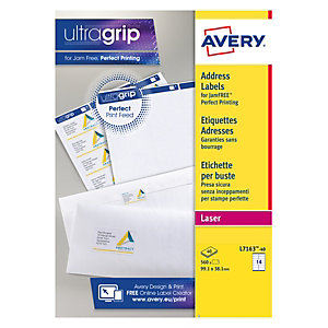 Avery L7163 Etiquettes courrier pour imprimantes laser, 99,1 x 38,1 mm, 40 feuilles, 14 étiquettes par feuille, auto-adhésives, blanc