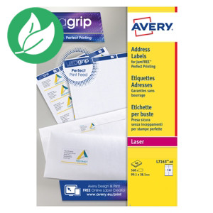 Avery L7163 Etiquettes courrier pour imprimantes laser, 99,1 x 38,1 mm, 40 feuilles, 14 étiquettes par feuille, auto-adhésives, blanc