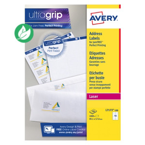 Avery L7173 Etiquettes adresses blanches laser 99,1 x 57 mm - Boîte de 1000 Avery L7173 Etiquettes adresses blanches laser 99,1 x 57 mm - Boîte de 1000
