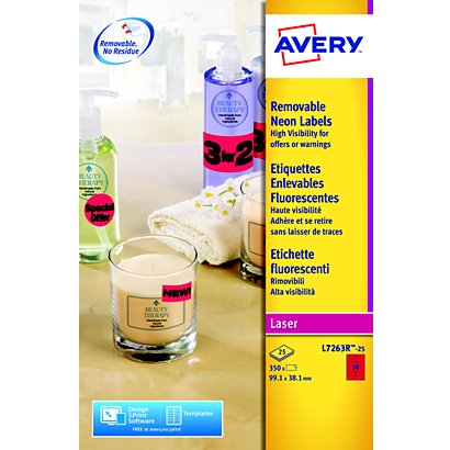 Avery (L7263R-25) Etiquetas fluorescentes 99,1 x 38,1 mm rojas 14 etiquetas/hoja - 1