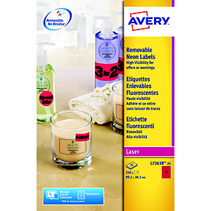 Avery L7263R Etiquettes enlevables 99,1 x 38,1 mm rouge fluorescent imprimantes jet d'encre et laser - 25 feuilles - 350 étiquettes