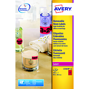 Avery L7263R Etiquettes enlevables 99,1 x 38,1 mm rouge fluorescent imprimantes jet d'encre et laser - 25 feuilles - 350 étiquettes Avery L7263R Etiquettes enlevables 99,1 x 38,1 mm rouge fluorescent imprimantes jet d'encre et laser - 25 feuilles - 350 étiquettes