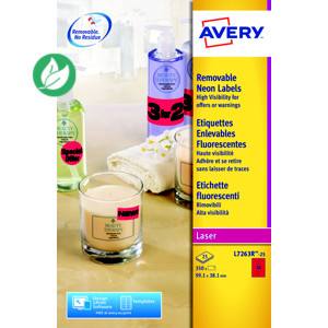 Avery L7263R Etiquettes d'identification enlevables laser 99,1 x 38,1 mm - Rouge fluorescent - Boîte de 350