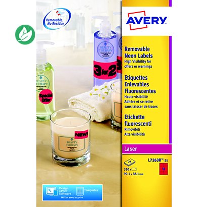 Avery L7263R Etiquettes d'identification enlevables laser 99,1 x 38,1 mm - Rouge fluorescent - Boîte de 350 - 1