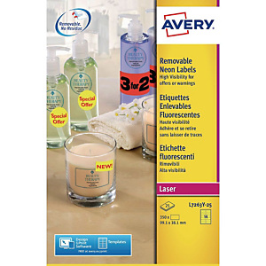 Avery L7263Y Etiquettes enlevables 99,1 x 38,1 mm jaune fluorescent imprimantes jet d'encre et laser - 25 feuilles - 350 étiquettes