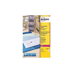 Avery L7560 Etiquettes d'adresse permanentes pour imprimantes laser, 63,5 x 38,1 mm, 25 feuilles, 21 étiquettes par feuille, auto-adhésives, claires