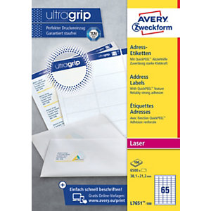 Avery L7651 Mini-étiquettes de rangement multi-usages pour imprimantes laser, 38,1 x 21,2 mm, 100 feuilles, 65 étiquettes par feuille, auto-adhésives, blanc