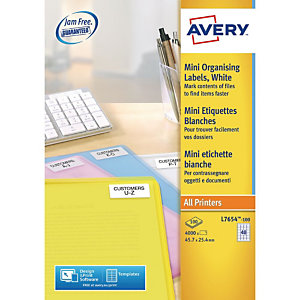 Avery L7654 Mini-étiquettes de rangement multi-usage pour toutes les imprimantes, 45,7 x 25,4 mm, 100 feuilles, 40 étiquettes par feuille, blanc