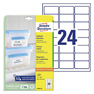 Avery (L7970-25) Etiqueta para congelador y nevera, 63,5 x 33,9 mm, caja de 600 unidades, cantos redondeados, blanco Avery (L7970-25) Etiqueta para congelador y nevera, 63,5 x 33,9 mm, caja de 600 unidades, cantos redondeados, blanco