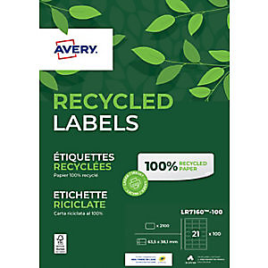 Avery LR7160 Etiquettes auto-adhésives d'adresses recyclées, faciles à décoller, 63.5 x 38,1 mm - 100 feuilles, 21 étiquettes par feuilles A4 - Blanches