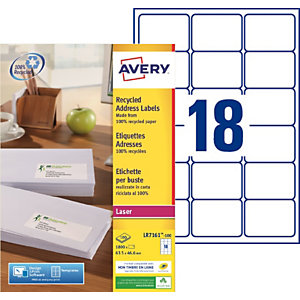 Avery LR7161 Etiquettes adresses blanches 100% recyclées 63,5 x 46,6 mm - Boîte de 1800