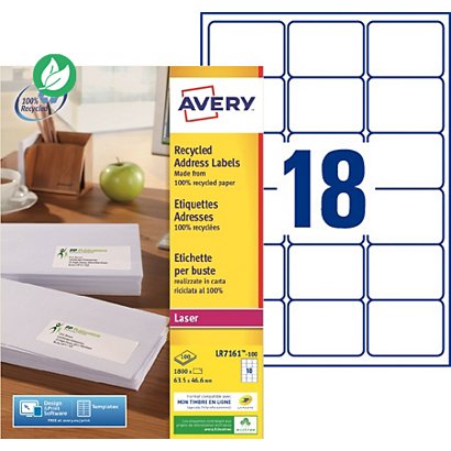 Avery LR7161 Etiquettes adresses blanches 100% recyclées 63,5 x 46,6 mm - Boîte de 1800 - 1