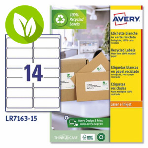Avery (LR7163-15) Etiqueta permanente 100% reciclada, 99,1 x 38,1 mm, caja de 210 unidades, cantos redondeados, blanco