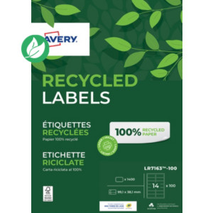 Avery LR7163 Etiquettes adresses blanches 100% recyclées 99,1 x 38,1 mm - Boîte de 1400 Avery LR7163 Etiquettes adresses blanches 100% recyclées 99,1 x 38,1 mm - Boîte de 1400