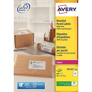 Avery LR7165 Etiquettes auto-adhésives d'adresses recyclées, faciles à décoller, 99,1 X 67,7 mm - 100 feuilles, 8 étiquettes par feuilles A4 - Blanches