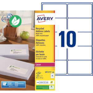 Avery LR7173 Etiquettes adresses blanches 100% recyclées 99,1 x 57 mm - Boîte de 1000 Avery LR7173 Etiquettes adresses blanches 100% recyclées 99,1 x 57 mm - Boîte de 1000