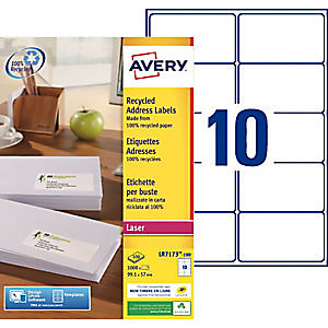 Avery LR7173 Etiquettes adresses recyclées blanches 99,1 x 57 mm pour imprimante laser -100 feuilles A4 - 1000 étiquettes par boîte