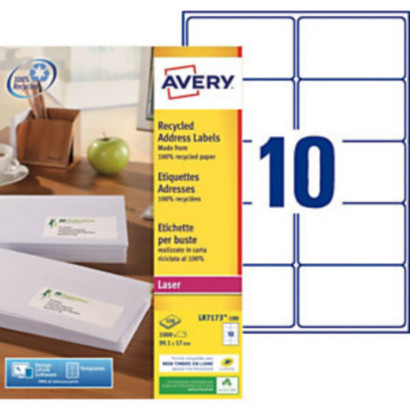 Avery LR7173 Etiquettes adresses recyclées blanches 99,1 x 57 mm pour imprimante laser -100 feuilles A4 - 1000 étiquettes par boîte