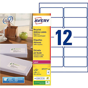 Avery LR7177 Etiquettes adresses blanches 100% recyclées 99,1 x 42,3 mm - Boîte de 1200
