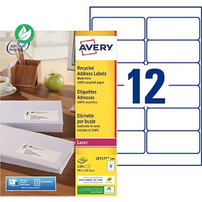 Avery LR7177 Etiquettes adresses blanches 100% recyclées 99,1 x 42,3 mm - Boîte de 1200 - 1
