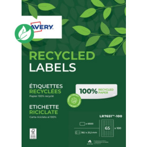 Avery LR7651 Etiquettes adresses blanches 100% recyclées 38,1 x 21,2 mm - Boîte de 6500 Avery LR7651 Etiquettes adresses blanches 100% recyclées 38,1 x 21,2 mm - Boîte de 6500