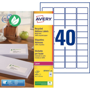 Avery LR7654 Etiquettes adresses blanches 100% recyclées 45,7 x 25,4 mm - Boîte de 4000 Avery LR7654 Etiquettes adresses blanches 100% recyclées 45,7 x 25,4 mm - Boîte de 4000