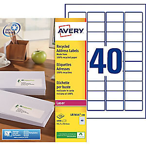 Avery LR7654 Etiquettes adresses recyclées blanches 45,7 x 25,4 mm pour imprimante laser -100 feuilles A4 - 4000 étiquettes par boîte