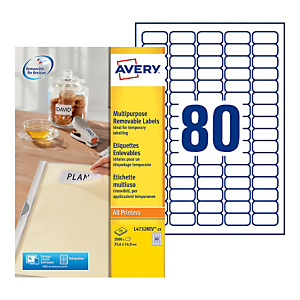 AVERY Multifunctionele, verwijderbare etiketten voor alle printers, 35,6 x 16,9 mm, zelfklevend, 25 vellen, 80 etiketten per vel, wit AVERY Multifunctionele, verwijderbare etiketten voor alle printers, 35,6 x 16,9 mm, zelfklevend, 25 vellen, 80 etiketten per vel, wit