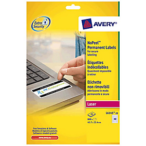 Avery NoPeel™ Etiquetas permanentes para impresora láser, a prueba de manipulaciones, 63,5 x 33,9 mm, 20 hojas, 24 etiquetas por hoja, blancas