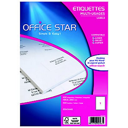 AVERY OFFICE STAR OS43440 Etiquettes écologiques multi-usages 199,6 x 289,1 mm - Boîte de 100 - 100 Planches A4 - Blanches