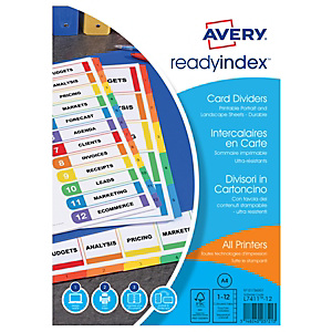 Avery Ready Index™ Separadores numéricos 1-12, A4, cartón, 12 pestañas, colores variados Avery Ready Index™ Separadores numéricos 1-12, A4, cartón, 12 pestañas, colores variados