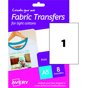 Avery T-Shirt transfer Fogli termotrasferibili per cotone bianco, Per stampanti inkjet, 148 x 210 mm, 8 fogli Avery T-Shirt transfer Fogli termotrasferibili per cotone bianco, Per stampanti inkjet, 148 x 210 mm, 8 fogli