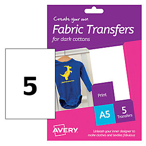 Avery T-Shirt transfer Fogli termotrasferibili per cotone scuro, Per stampanti inkjet, 148 x 210 mm, 5 fogli