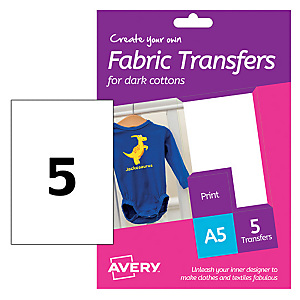 Avery T-Shirt transfer Fogli termotrasferibili per cotone scuro, Per stampanti inkjet, 148 x 210 mm, 5 fogli Avery T-Shirt transfer Fogli termotrasferibili per cotone scuro, Per stampanti inkjet, 148 x 210 mm, 5 fogli