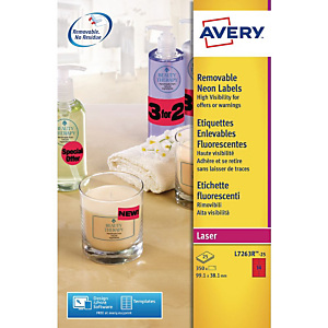 AVERY Étiquettes d'identification enlevables couleur L7263R, 99,1 X 38,1 mm - 25 feuilles, 14 étiquettes par feuilles A4 - Rouge fluorescent AVERY Étiquettes d'identification enlevables couleur L7263R, 99,1 X 38,1 mm - 25 feuilles, 14 étiquettes par feuilles A4 - Rouge fluorescent