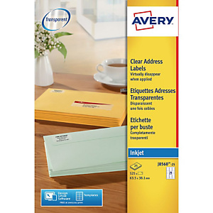 AVERY Étiquettes transparentes pour imprimante jet d'encre J8560, 63,5 x 38,1 mm, 25 feuilles x 21 étiquettes