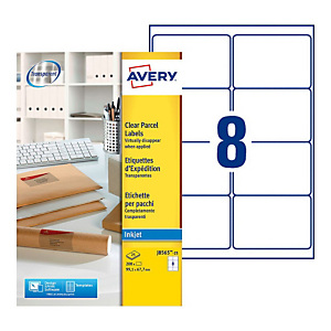 AVERY Étiquettes transparentes pour imprimante jet d'encre J8565, 99.1 x 67.7 mm - 200 étiquettes (paquet 25 feuilles) AVERY Étiquettes transparentes pour imprimante jet d'encre J8565, 99.1 x 67.7 mm - 200 étiquettes (paquet 25 feuilles)