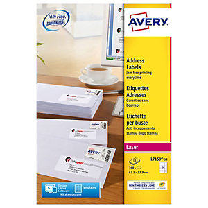 Avery Ultragrip Etichette per indirizzi per buste e pacchi, Per stampanti Laser, 63,5 x 33,9 mm, 15 fogli, 24 etichette per foglio, Bianco