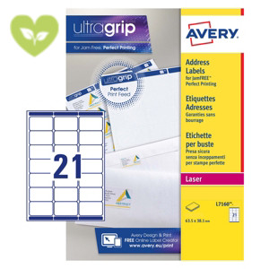 Avery Ultragrip Etichette per indirizzi per buste e pacchi, Per stampanti Laser, 63,5 x 38,1 mm, 15 fogli, 21 etichette per foglio, Bianco