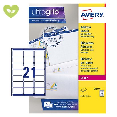 Avery Ultragrip Etichette per indirizzi per buste e pacchi, Per stampanti Laser, 63,5 x 38,1 mm, 15 fogli, 21 etichette per foglio, Bianco - 1