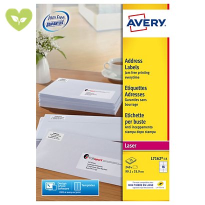 Avery Ultragrip Etichette per indirizzi per buste e pacchi, Per stampanti Laser, 99,1 x 33,9 mm, 15 fogli, 16 etichette per foglio, Bianco - 1
