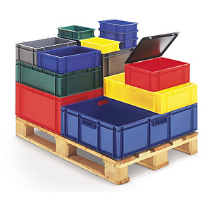 Bac gerbable couleur norme europe avec parois ajourées et poignées ouvertes Bac gerbable couleur norme europe avec parois ajourées et poignées ouvertes