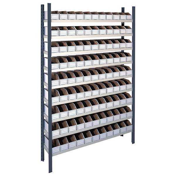 Bakkenstelling met 9 legborden + 100 bruine kartonnen magazijnbakken 278x95x107mm - 3