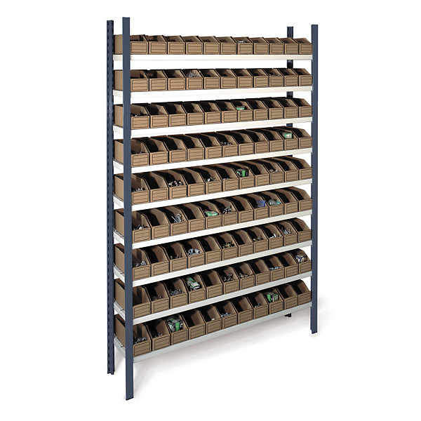 Bakkenstelling met 9 legborden + 100 bruine kartonnen magazijnbakken 278x95x107mm - 1