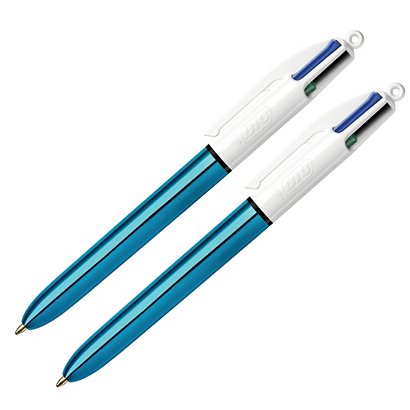 Balpennen BIC 4 kleuren Shine metaalblauw, set van 2