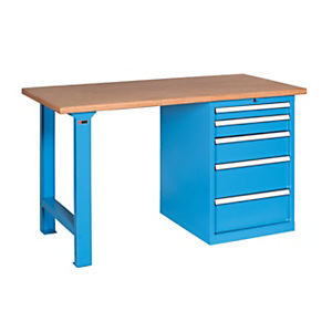 Banco da lavoro con cassettiera a 5 cassetti serie RX, Piano in legno, 150 x 70 x 86,5 cm, Blu/Legno Banco da lavoro con cassettiera a 5 cassetti serie RX, Piano in legno, 150 x 70 x 86,5 cm, Blu/Legno
