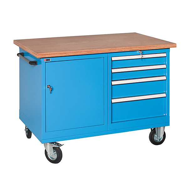 Banco da lavoro con ruote e maniglione di spinta serie RX, 4 cassetti e 1 vano con ripiano e anta, Piano in legno, 120 x 70 x 89,5 cm, Blu/Legno